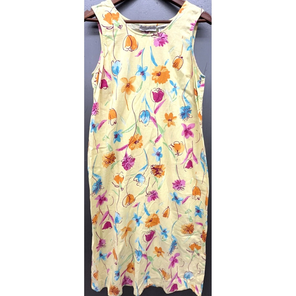 Womens Midi Dress 14P Butter Yellow Colorful Floral Linen Blend Spring Whimsy‎